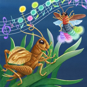 Illustration of a cricket sitting on a blade of grass singing.