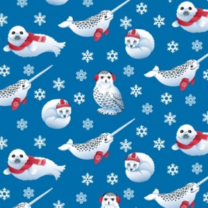 A pattern of artic animals wearing winter clothing.